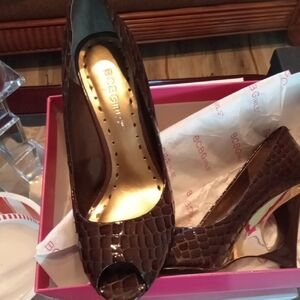 BCBGirls Brown Croc-Embossed Peep-Toe Heels